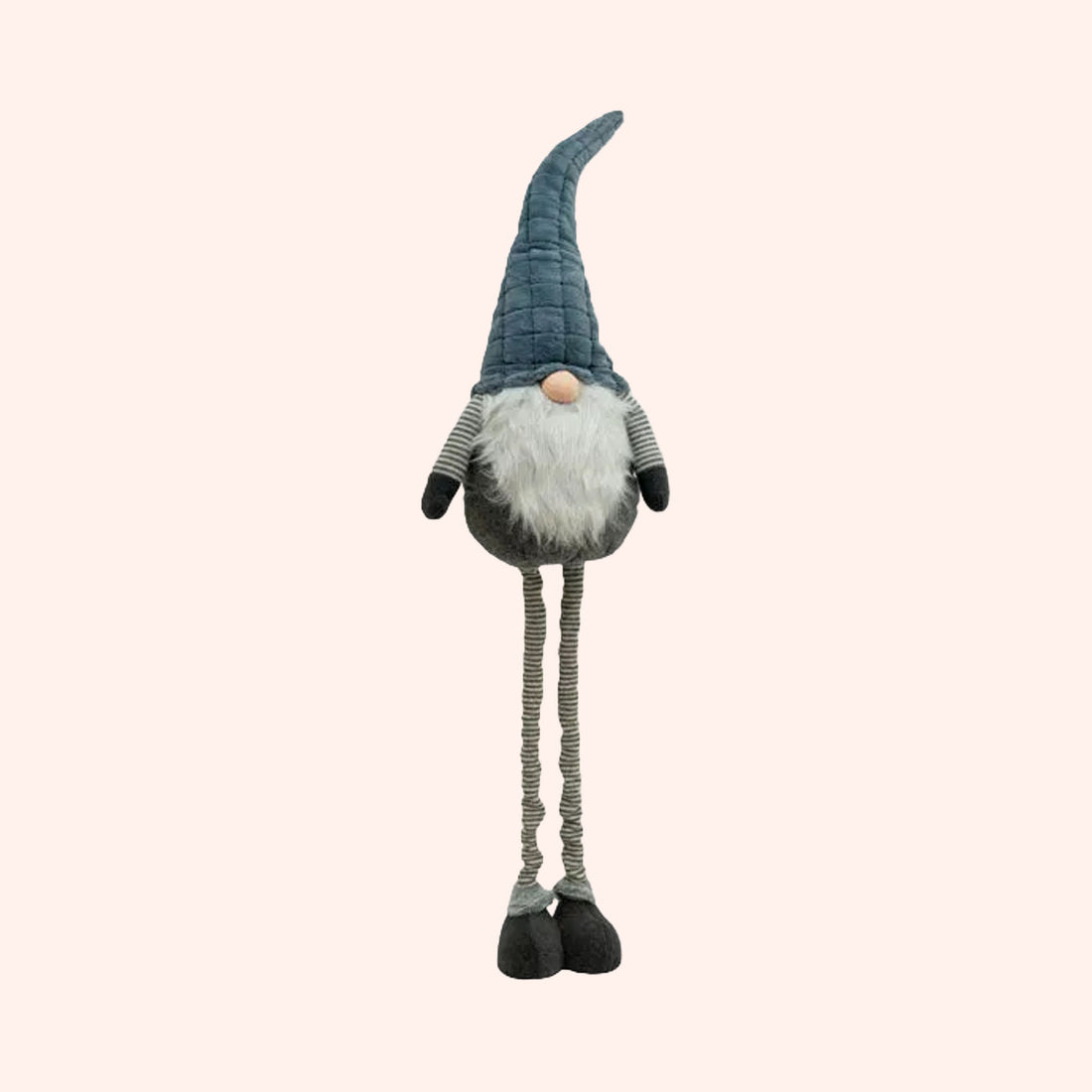 A plush decorative gnome figurine with a tall blue-gray pointed hat, white beard, gray body, striped arms and legs, and black shoes, shown on a plain background.